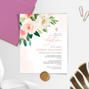Budget Pink Rose Flowers Baptism Invitation