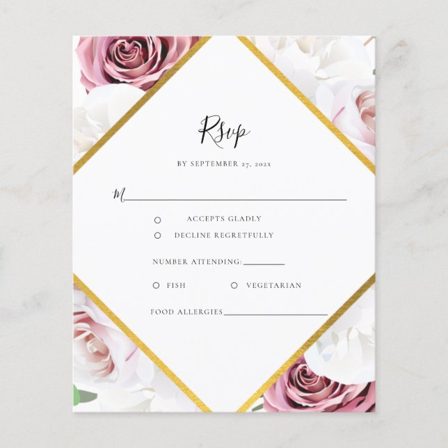 Budget Pink Rose Geometric Floral RSVP Card (Front)