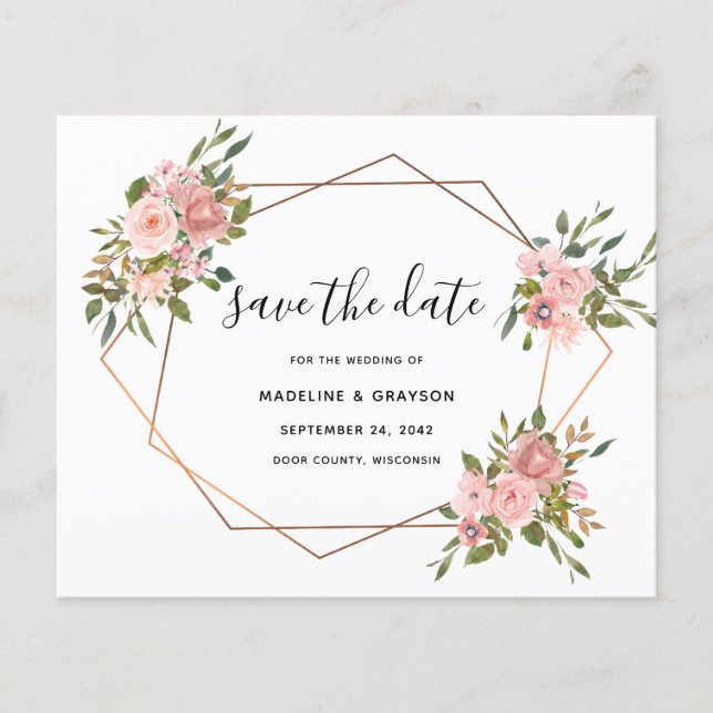 Budget Pink Rose Geometric Frame Save The Date (Front)