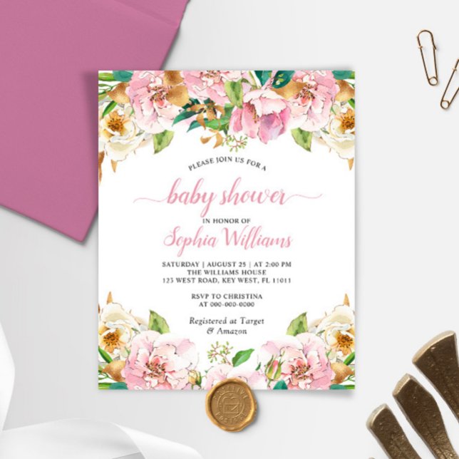 Budget Pink Rose & Gold Baby Shower invitation  (Creator Uploaded)