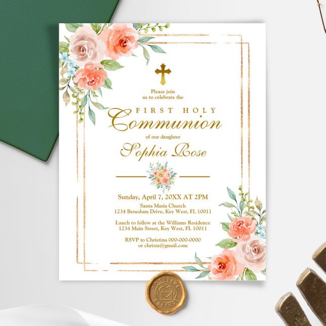 Budget Pink Rose & Gold First Communion Invitation (Creator Uploaded)