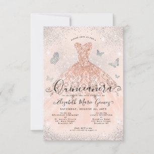 Budget Pink Rose Gold Glitter Gown Quinceanera Card