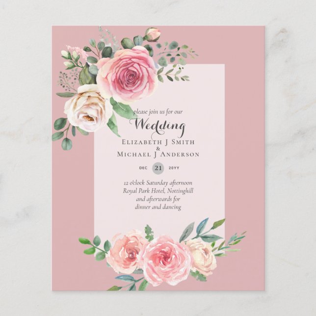 BUDGET Pink Roses Floral Wedding Invitations Flyer (Front)
