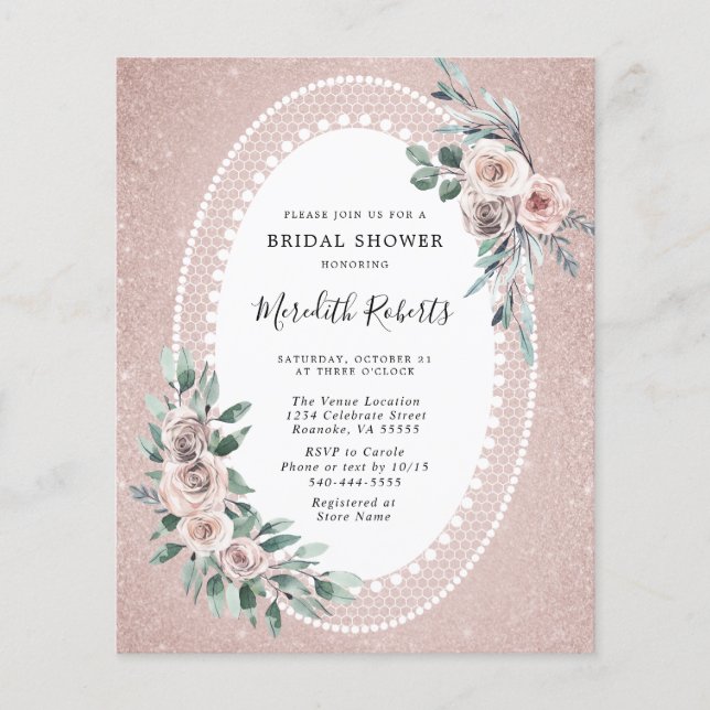 Budget Pink Roses Glitter Bridal Shower Invitation (Front)