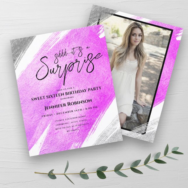 Budget Pink Silver Foil Surprise Sweet 16 Invites  (Budget Pink Silver Foil Surprise Sweet 16 Invites )