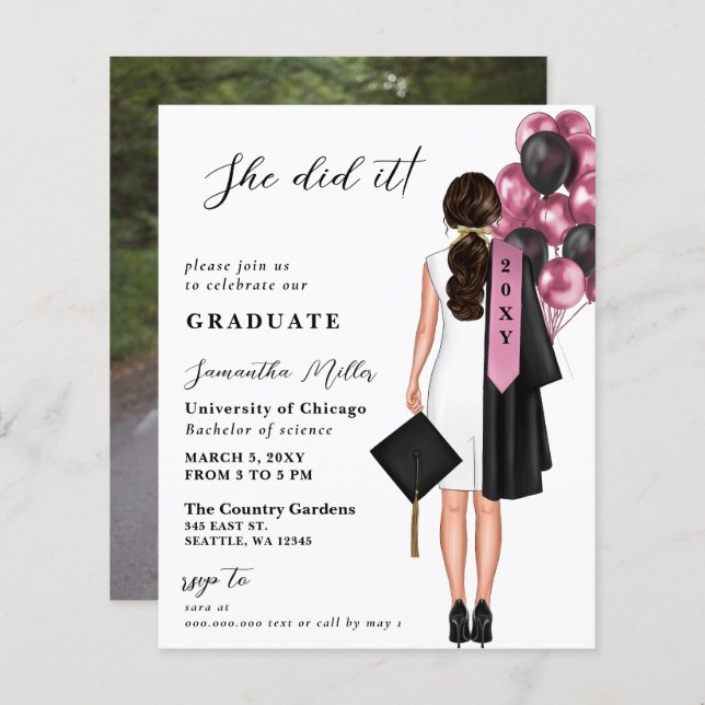 Budget Pink Simple Photo She Did It Graduation (Front/Back)