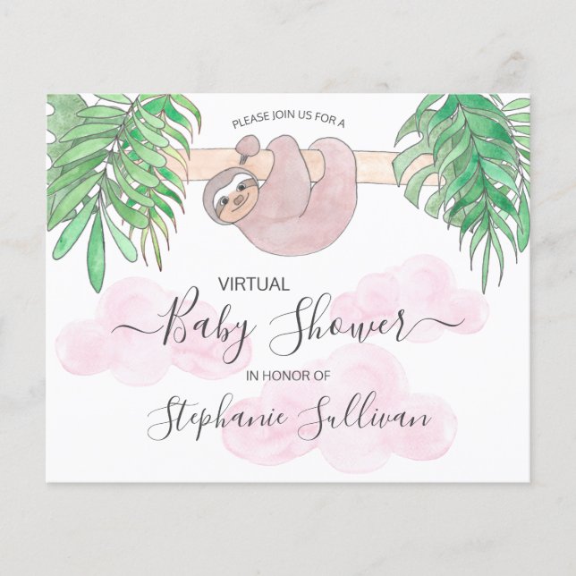 Budget Pink Sloth Virtual Baby Shower Invitation (Front)