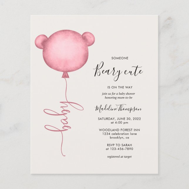 Budget Pink Someone Beary Cute Balloon Baby Shower (Front)