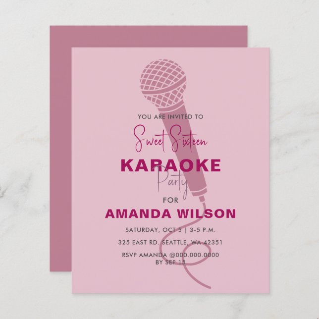 Budget  Pink Sweet 16 Karaoke Party Invitation (Front/Back)