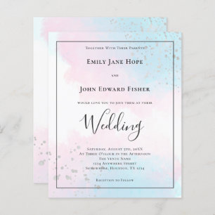 Budget Pink Teal Watercolor Silver Wedding Invite