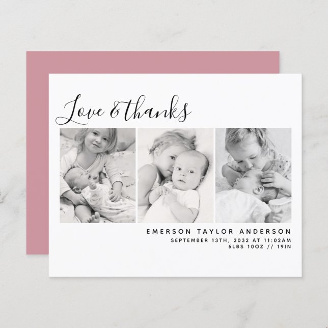 BUDGET Pink Three Photos New Baby Thank You Card (Front/Back)