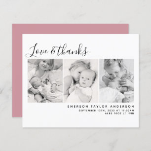BUDGET Pink Three Photos New Baby Thank You Card