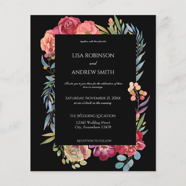 Budget Pink Tropical Floral Black V1 Wedding Flyer (Front)