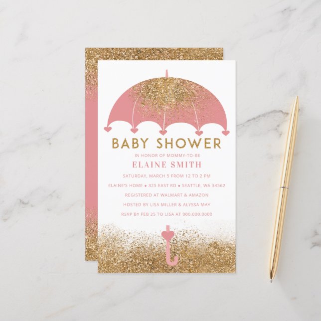 Budget Pink Umbrella Girl Baby Shower Invitation (Front/Back In Situ)