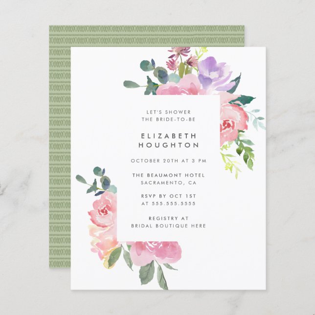 Budget Pink Watercolor Roses Summer Bridal Shower (Front/Back)