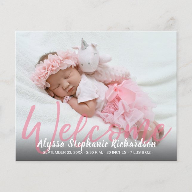 Budget Pink Welcome Multi Photo Baby Announcement (Front)