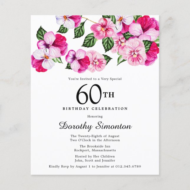 Budget Pink White Floral 60th Birthday Invitation (Front)