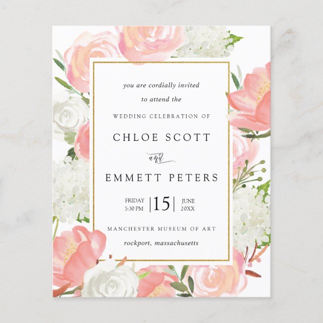 Budget Pink White Floral Rustic Wedding Invitation (Front)
