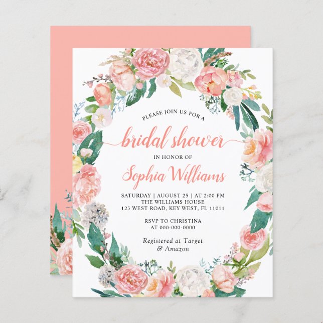 Budget Pink & White Rose Bridal Shower Invitation (Front/Back)