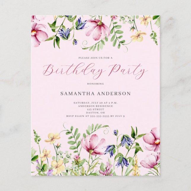 Budget Pink Wildflower Floral Birthday Invitation Flyer (Front)