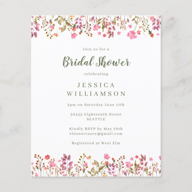 Budget Pink Wildflowers Border Bridal Shower  (Front)
