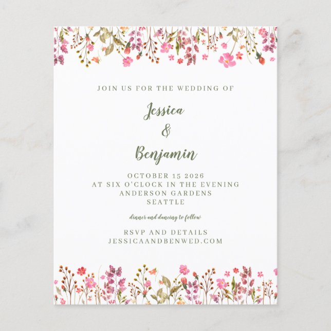 Budget Pink Wildflowers Floral Border Wedding (Front)
