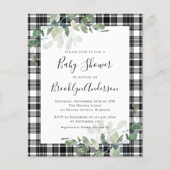 Budget Plaid Eucalyptus Baby Shower Invitation (Front)