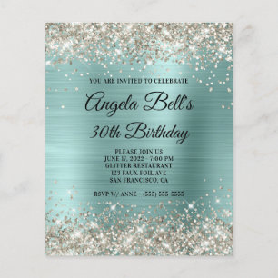 Budget Platinum Glitter Pale Turquoise Invitation