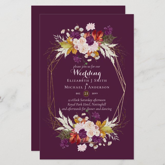 BUDGET Plum and Coral Wedding Invitations A9 (Front/Back)