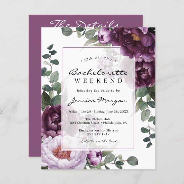 Budget Plum Peonies Bachelorette Party Invitation (Front/Back)