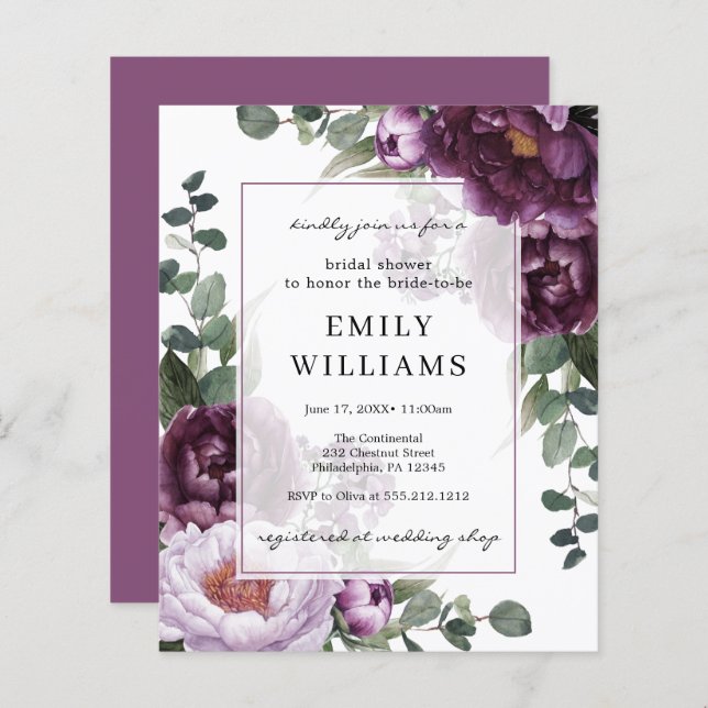 Budget Plum Peonies Flora Bridal Shower Invitation (Front/Back)