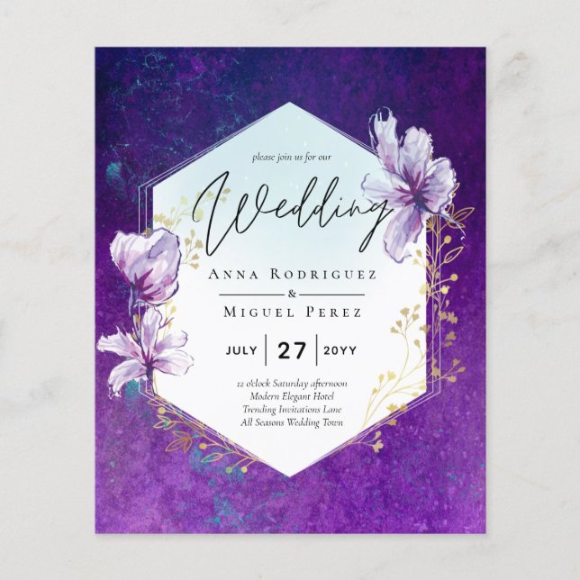 Budget Plum Purple Floral Wedding Invite Flyer (Front)