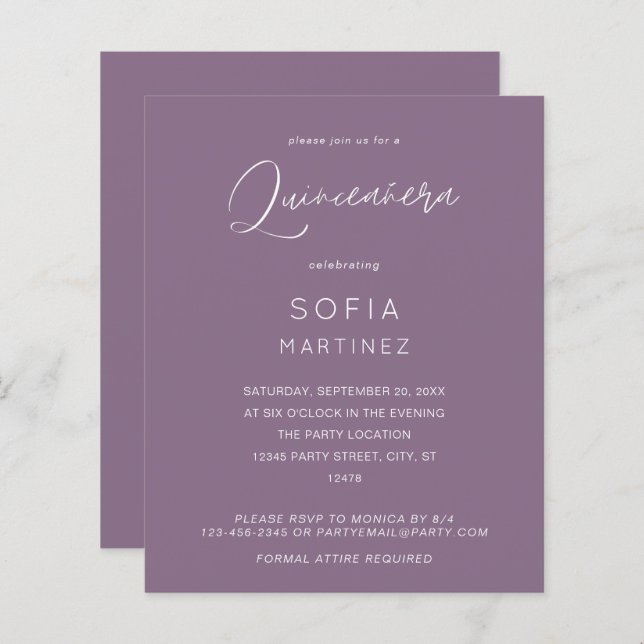 Budget Plum Purple MOD Calligraphy Quinceanera (Front/Back)