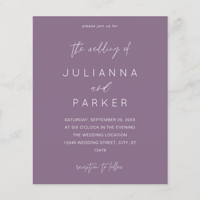 Budget Plum Purple MOD Calligraphy Wedding Flyer (Front)