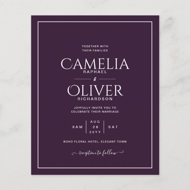 BUDGET Plum Purple MONOCHROME Wedding Flyer (Front)