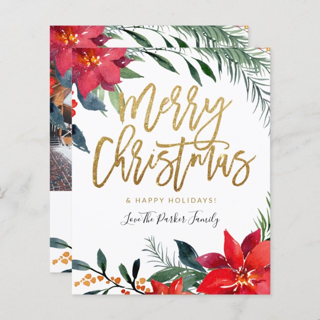 Budget Poinsettia Floral Photo Glitter Christmas (Front/Back)