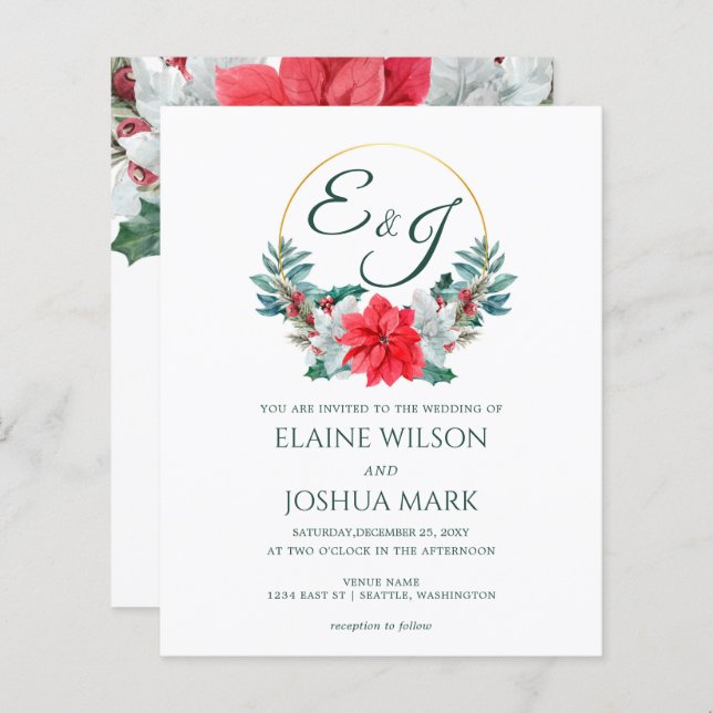 Budget Poinsettia Monogram Wedding Invitation (Front/Back)