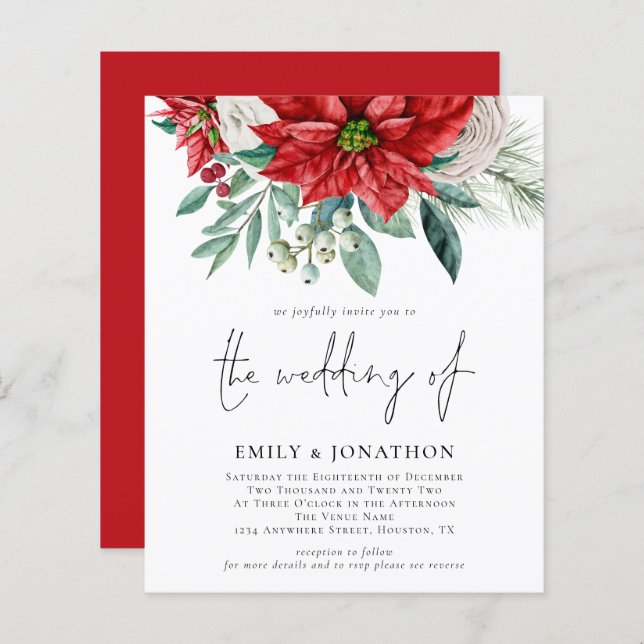 Budget Poinsettia QR Code Wedding Invitation (Front/Back)