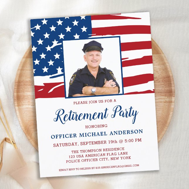 Budget Police Retirement Party Photo USA Flag Card (Creator Uploaded)