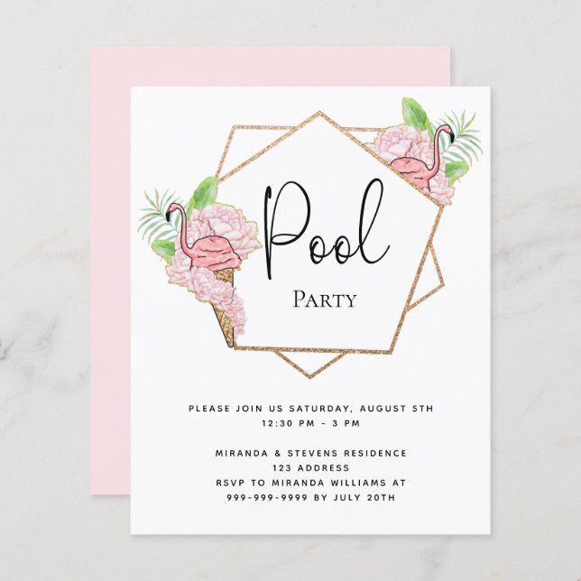 Budget pool party pink flamingo invitation (Front/Back)