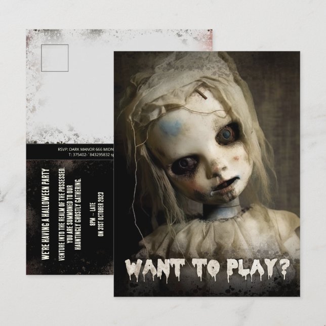 Budget Possessed Doll Adult Halloween Invitation Postcard (Front/Back)