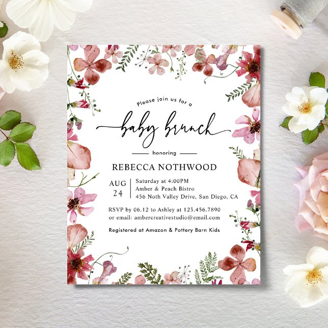 Budget Pressed Pink Florals Baby Brunch Invitation (Creator Uploaded)