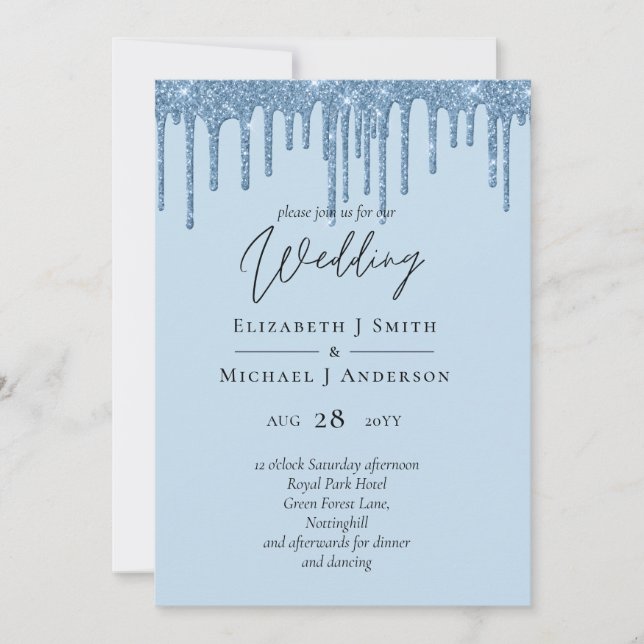 Budget Pretty Girly BLUE Glitter Wedding Invite (Front)