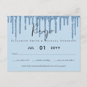 Budget Pretty Girly BLUE Glitter Wedding RSVP Postcard