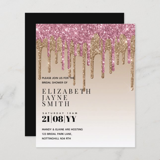 BUDGET Pretty Girly Bridal Shower Invites Glitter (Front/Back)