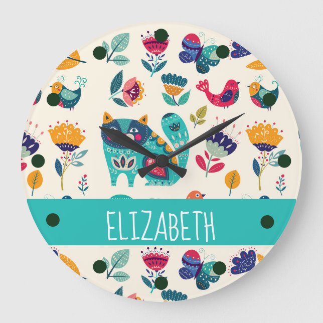 Budget Pretty Girly Cats Folk Art Style ADD NAME Large Clock (Front)