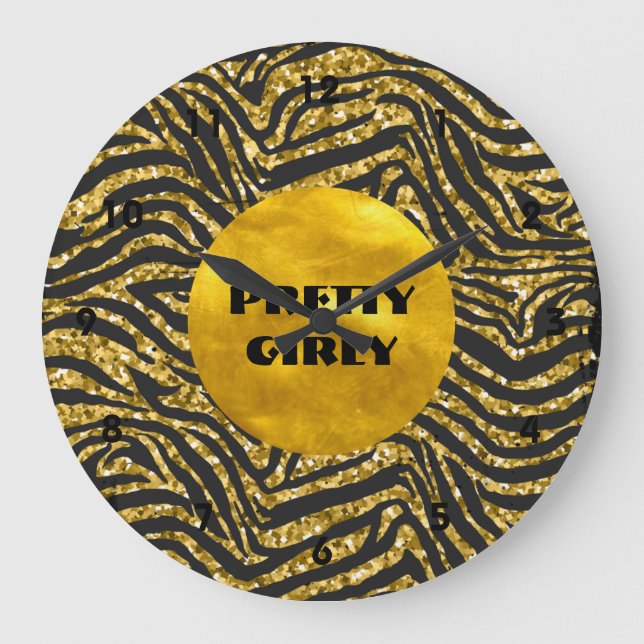 Budget Pretty Girly Faux Gold Glitter Foil Glam Large Clock (Front)