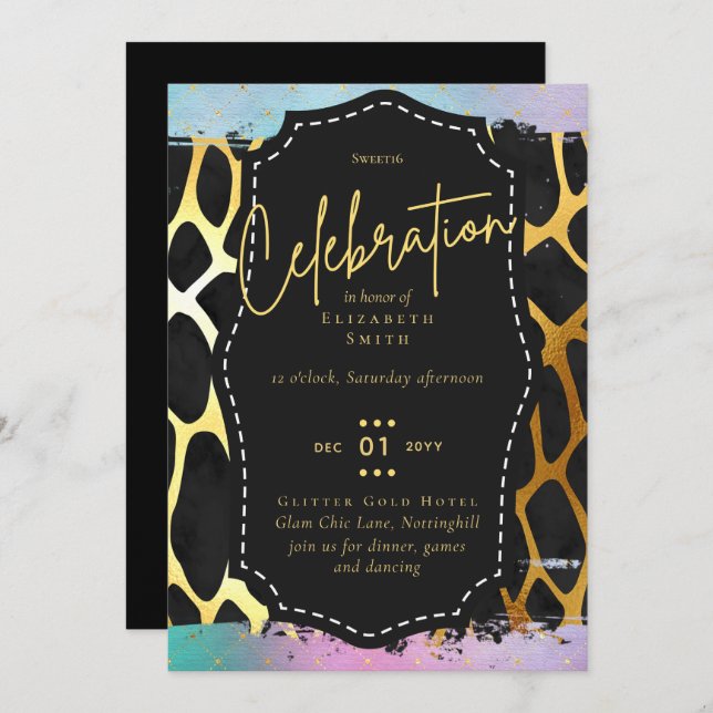 Budget Pretty Girly Sweet16 Gold Animal Print Inv Invitation (Front/Back)