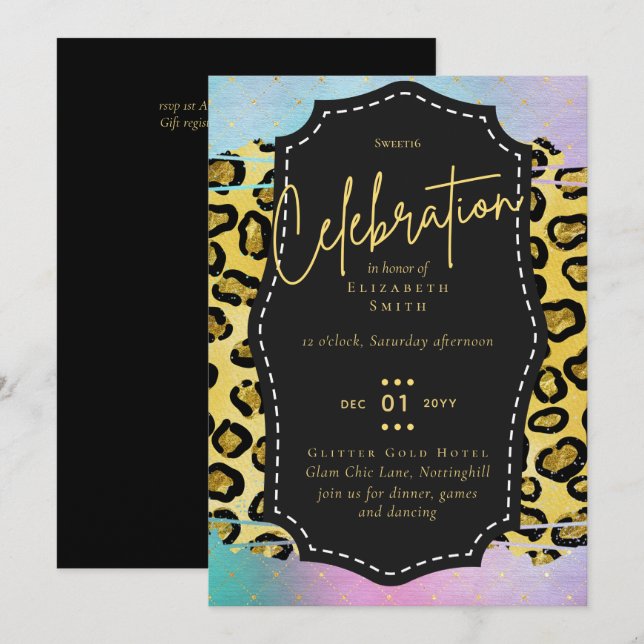 Budget Pretty Girly Sweet16 Gold Animal Print Inv Invitation (Front/Back)