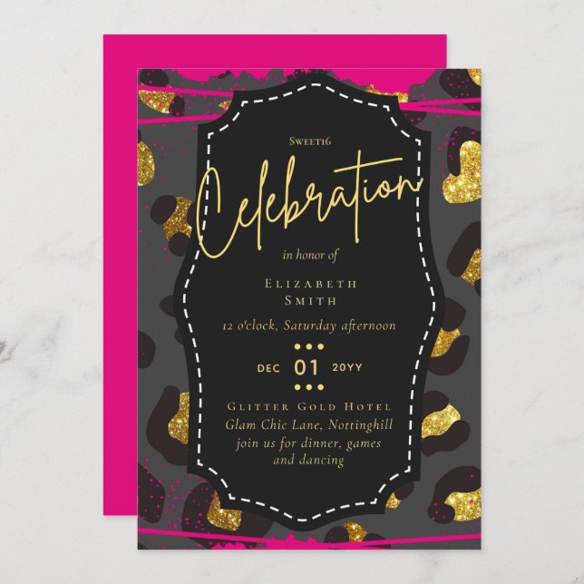 Budget Pretty Girly Sweet16 Gold Animal Print Inv Invitation (Front/Back)
